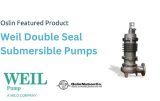 Weil Double Seal Submersible Pumps is in blue text, with the Weil logo in green, the Oslin logo in black text, and a photo of the double seal pump to the right of the photo.